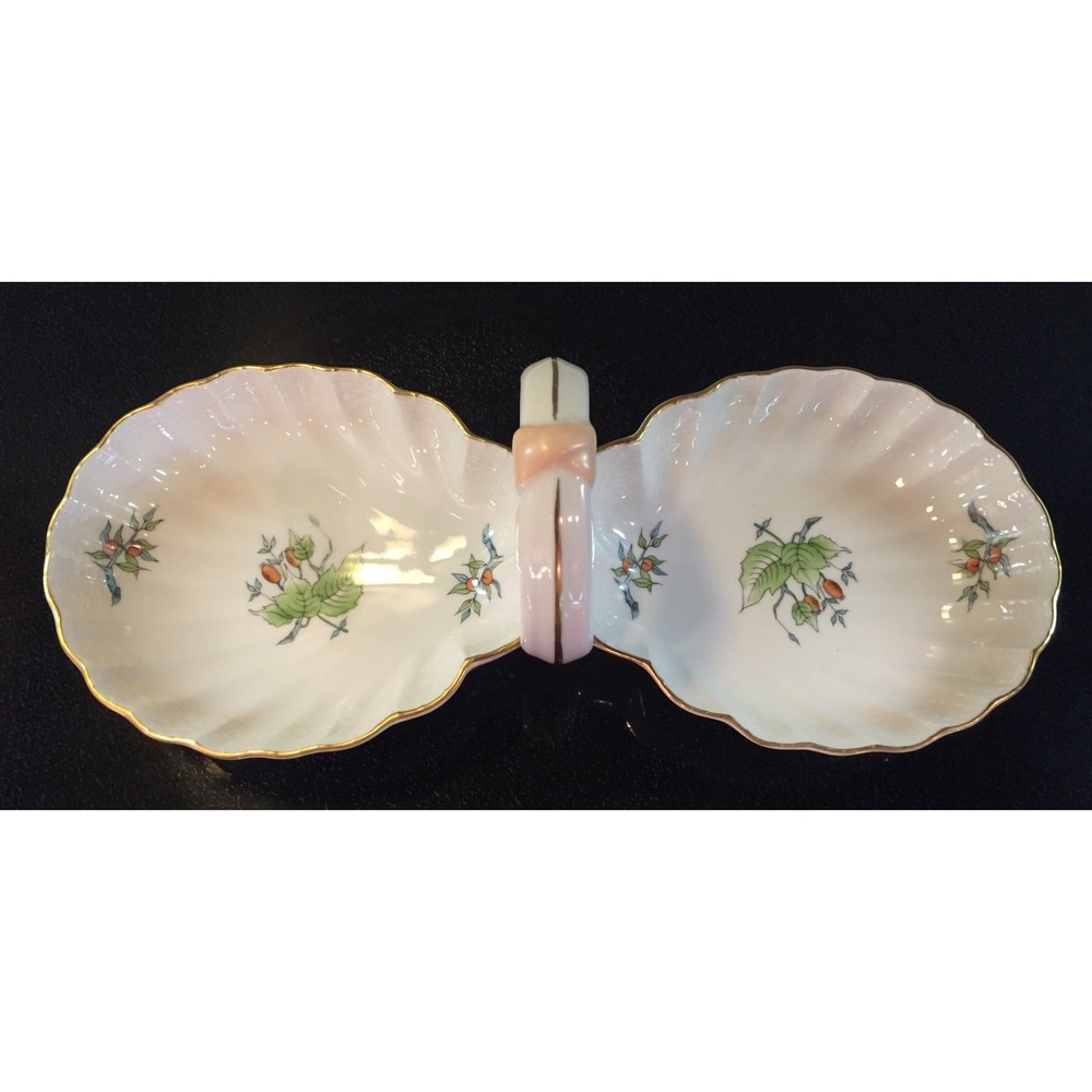 Herend HER16 Porcelain 2 Section Shell Serving Relish Dish Bow Handle 12in